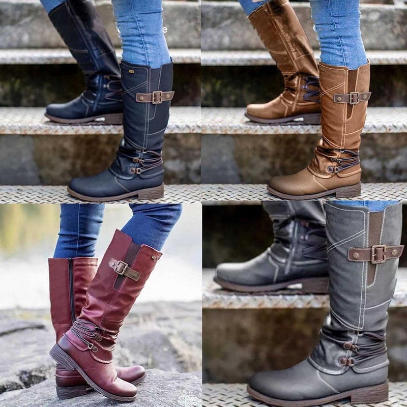 woobles Women's Vintage Leather Zipper High Snow Boots, Fashion Large Size Boots Women Autumn Long Tube Zipper Low Heeled Shoes Boots Pointed Boots Knight Boots - Image 1